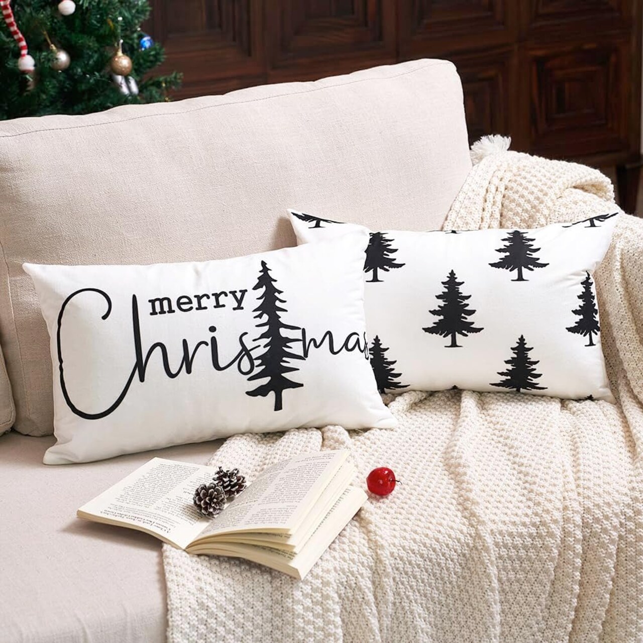 Black and White Christmas Tree Lumbar Pillow Covers 12x20 Set of 2, 12 x 20 Black Neutral Christmas Decor Lumbar Pillow Covers, Xmas Winter Holiday Throw Pillows for Sofa Couch Bed
